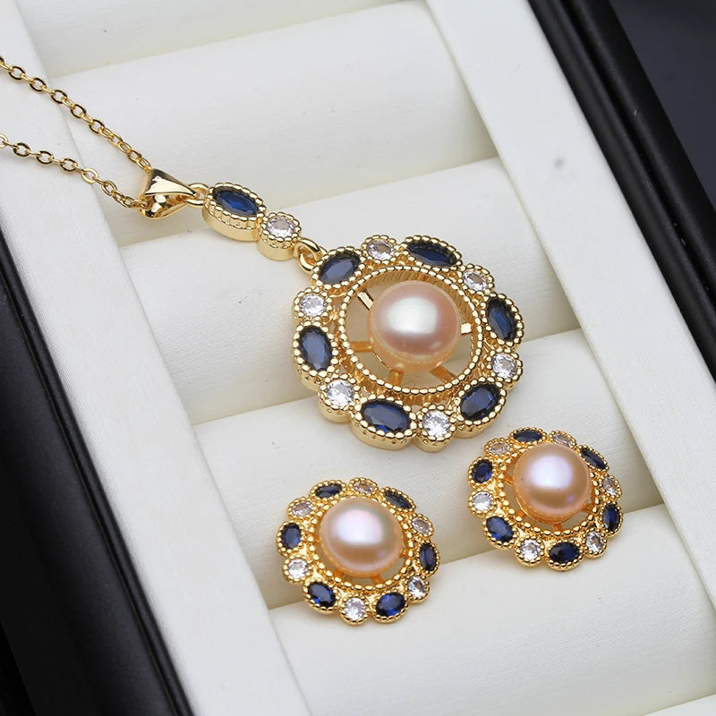 Real Gold Plated Pearl Pendant Earrings Sets